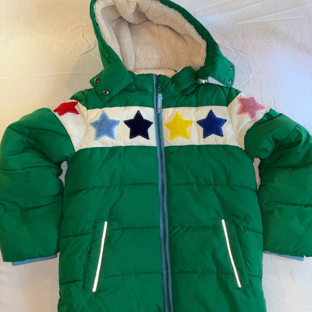 Mini Boden Green Puffer with Multicolor Star Design